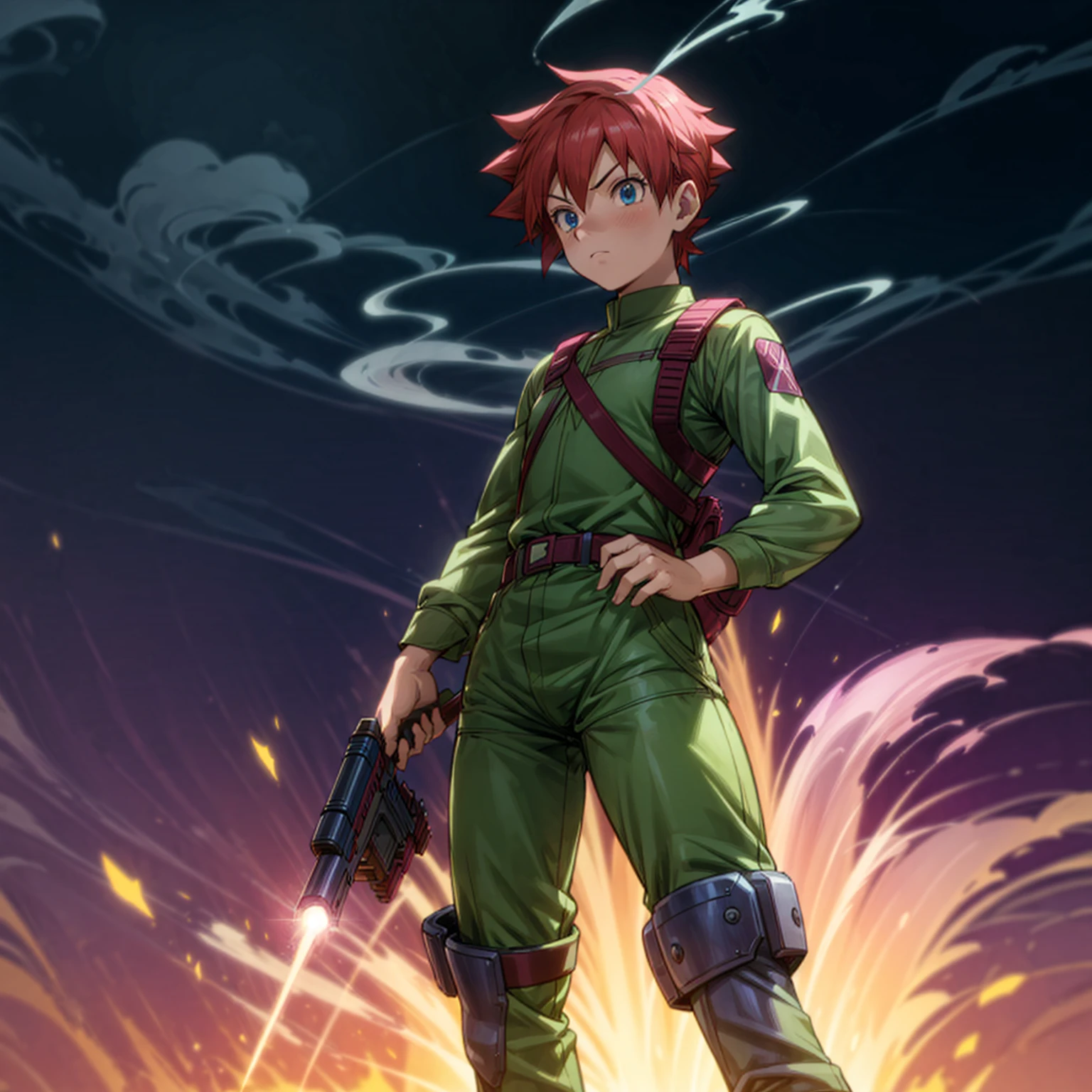 1boy, muscle, Full body version, 1character, blue eyes, short haircut, magenta color hair, Farmer style outfit, Boots, Grassroots, full background in field, motion blur, lighting, (Hunter x Hunter style art), big shotgun in hand, big weapon in hand, robot Shield in hand, smoke effect, fire effect, lighting on gun, plasma effect,