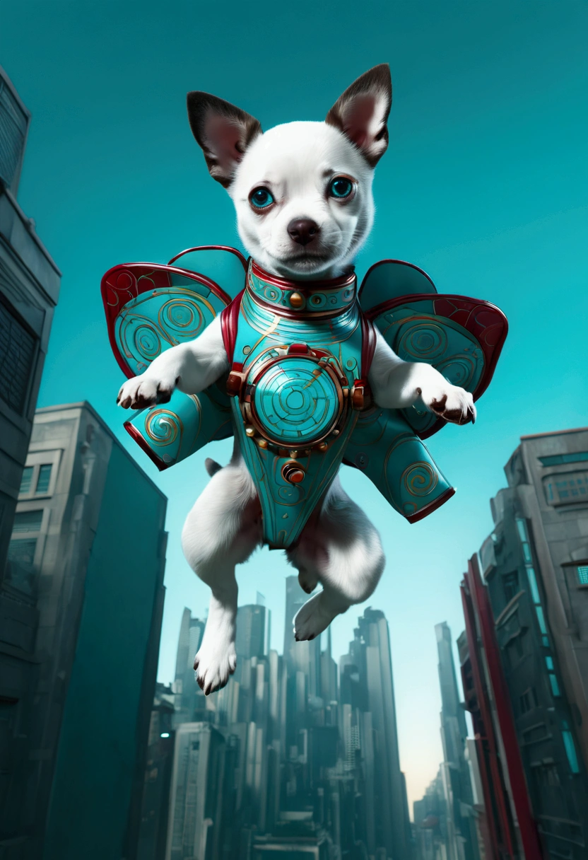 (Flying Puppy), sky, floating on city, Sci-fi biomechanical humanoid geisha in the style of moden Art Deco, crimson and teal, elegant luxury, hyper-detailed, hyper-realistic, with motion blur, photography, cinematic lighting, full body, award-winning, cinematic still, emotional, vignette, dynamic, vivid, (masterpiece, best quality, Professional, perfect composition, very aesthetic, absurdres, ultra-detailed, intricate details:1.3)