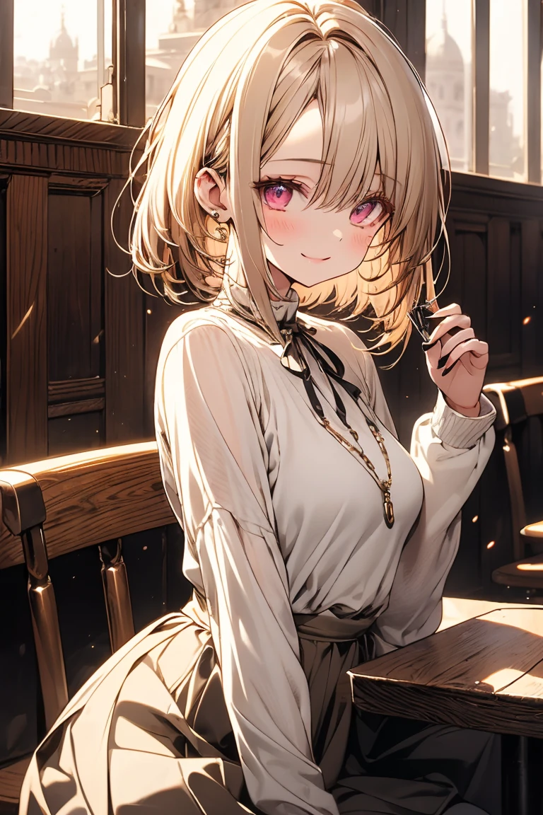 masterpiece, Absurd, Highest quality, Super detailed, High resolution, Detailed illustrations, Very beautifully detailed face and eyes, Bright colors, One girl, (change), Cute Face, Delicate and beautiful face, Magenta Eyes, Cute eyes, Sparkling eyes, Big eyes, Medium chest, (Firm breasts:1.1), (Pointed Chest:1.1), Medium Hips, Glamorous Body, White skin, smile, break, Long Bob Cut, (Blonde:0.8), Messy Hair, Detailed Hair, Shiny Hair, break sweater, Long skirt, Small ribbon, lunch, Italian restaurant, Real World, Natural light, Perfect lighting,