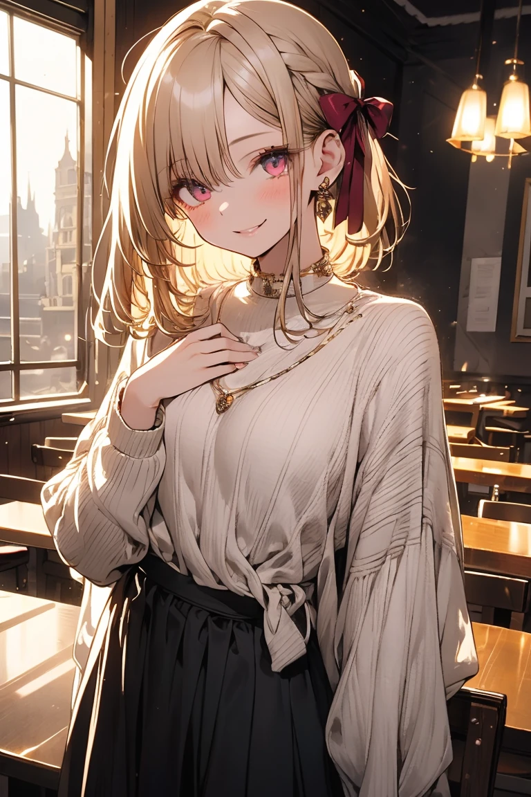 masterpiece, Absurd, Highest quality, Super detailed, High resolution, Detailed illustrations, Very beautifully detailed face and eyes, Bright colors, One girl, (change), Cute Face, Delicate and beautiful face, Magenta Eyes, Cute eyes, Sparkling eyes, Big eyes, Medium chest, (Firm breasts:1.1), (Pointed Chest:1.1), Medium Hips, Glamorous Body, White skin, smile, break, Long Bob Cut, (Blonde:0.8), Messy Hair, Detailed Hair, Shiny Hair, break sweater, Long skirt, Small ribbon, lunch, Italian restaurant, Real World, Natural light, Perfect lighting,