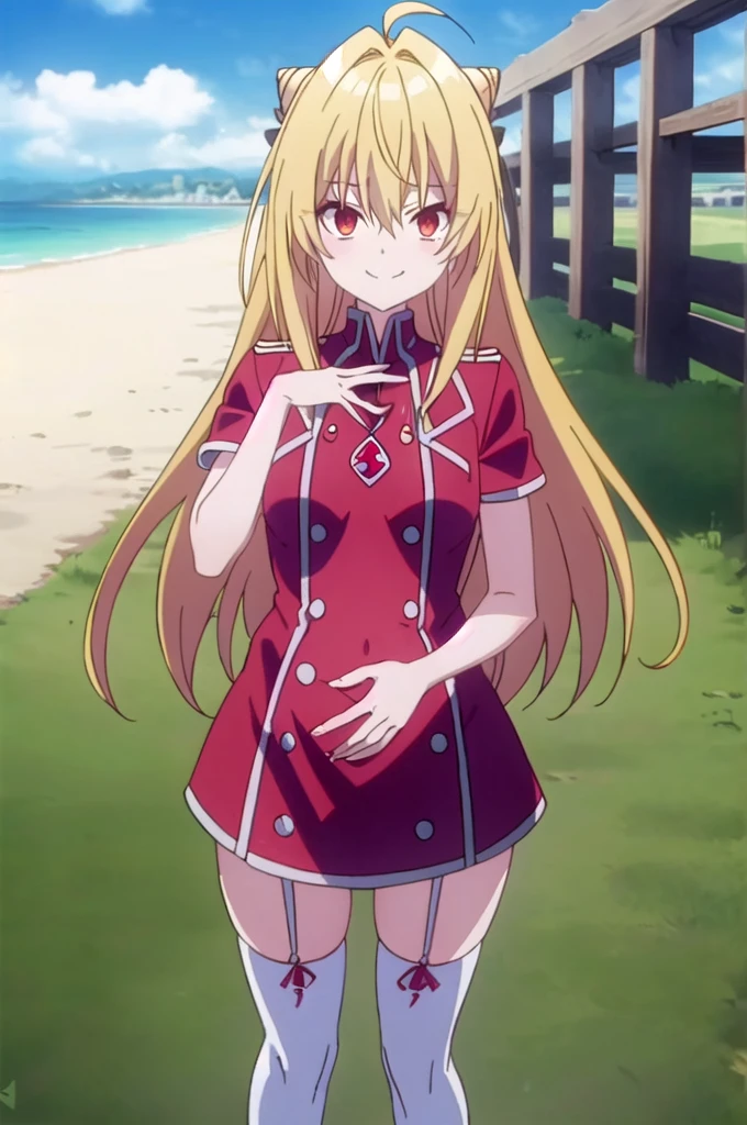 Long Hair, , Blonde, (Red eyes:1.2), Knee socks, very Long Hair, Ahoge, 弓tie, Hair Bun, white ニーソック blue 弓tie, cone Hair Bun, View your viewers, smile, Mouth closed, Outdoor, Highly detailed face, Perfect lighting, (Perfect hands, Perfect Anatomy), white Knee socks, , Are standing, View your viewers, Cowboy Shot, city, Spread your legs naked pregnancy Pregnant women Ahegao Bitch Inviting ejaculation No clothes