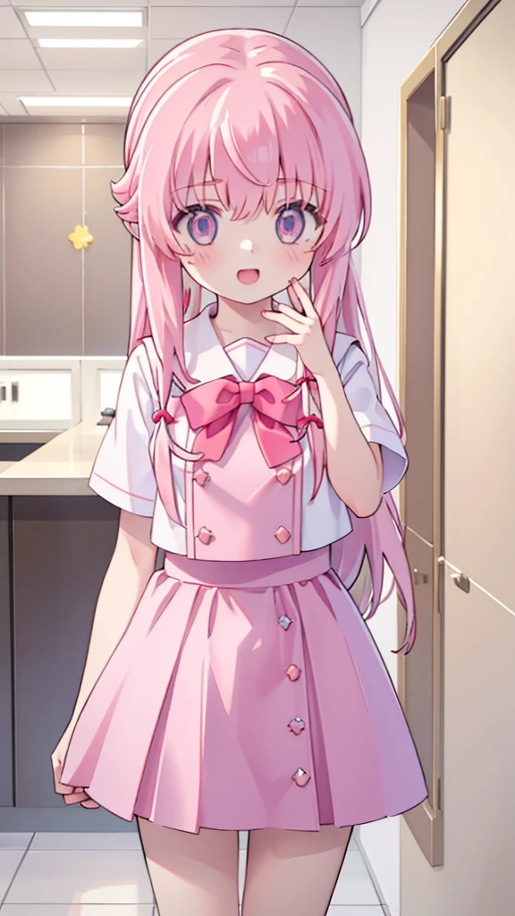 1girl,pink hair, pink eyes with love, detailed eyes, straight hair, straight bangs, shiny hair,
,red bowtie,purple skirt,purple shirt,pleated skirt,short sleeves,looking at the plate with donut she is holding, holding a plate wih donut, smile, laughter , open mouth, kitchen background, high-definition,masterpiece, masterpiece, best quality, high resolution, aabeta, double, standing, slim waist, cute, sailor uniform (PastelColors: 1.3)