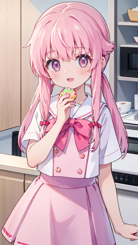 1girl,pink hair, pink eyes with love, detailed eyes, straight hair, straight bangs, shiny hair,
,red bowtie,purple skirt,purple shirt,pleated skirt,short sleeves,looking at the plate with donut she is holding, holding a plate wih donut, smile, laughter , open mouth, kitchen background, high-definition,masterpiece, masterpiece, best quality, high resolution, aabeta, double, standing, slim waist, cute, sailor uniform (PastelColors: 1.3)