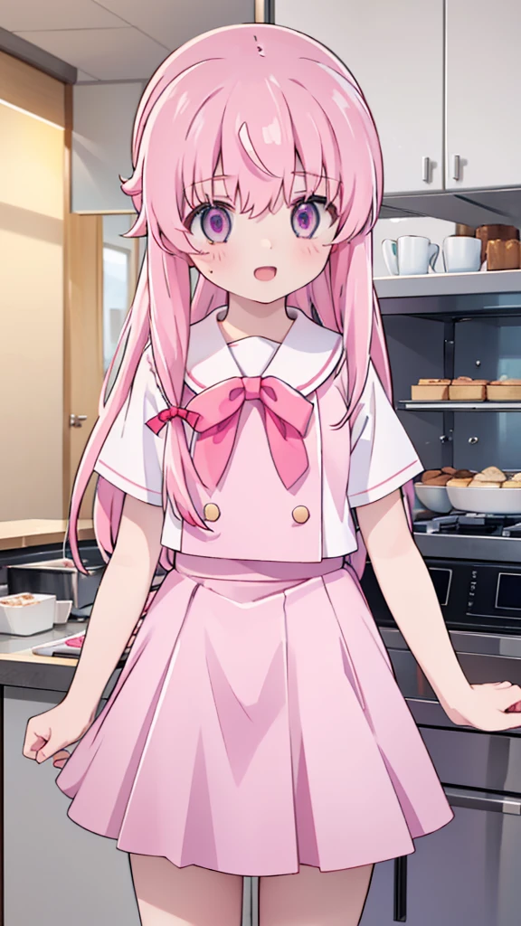1girl,pink hair, pink eyes with love, detailed eyes, straight hair, straight bangs, shiny hair,
,red bowtie,purple skirt,purple shirt,pleated skirt,short sleeves,looking at the plate with donut she is holding, holding a plate wih donut, smile, laughter , open mouth, kitchen background, high-definition,masterpiece, masterpiece, best quality, high resolution, aabeta, double, standing, slim waist, cute, sailor uniform (PastelColors: 1.3)