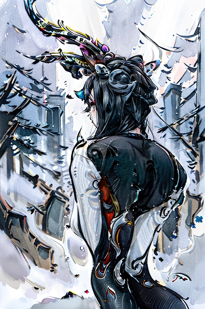 Cartoon animal design, flat style, beautiful deer, full body photo, simple, but not the lost meaning of design, fresh flat style, Cyberpunk elements are applied freely, side view, The head is turned towards the viewer, stars on the horns