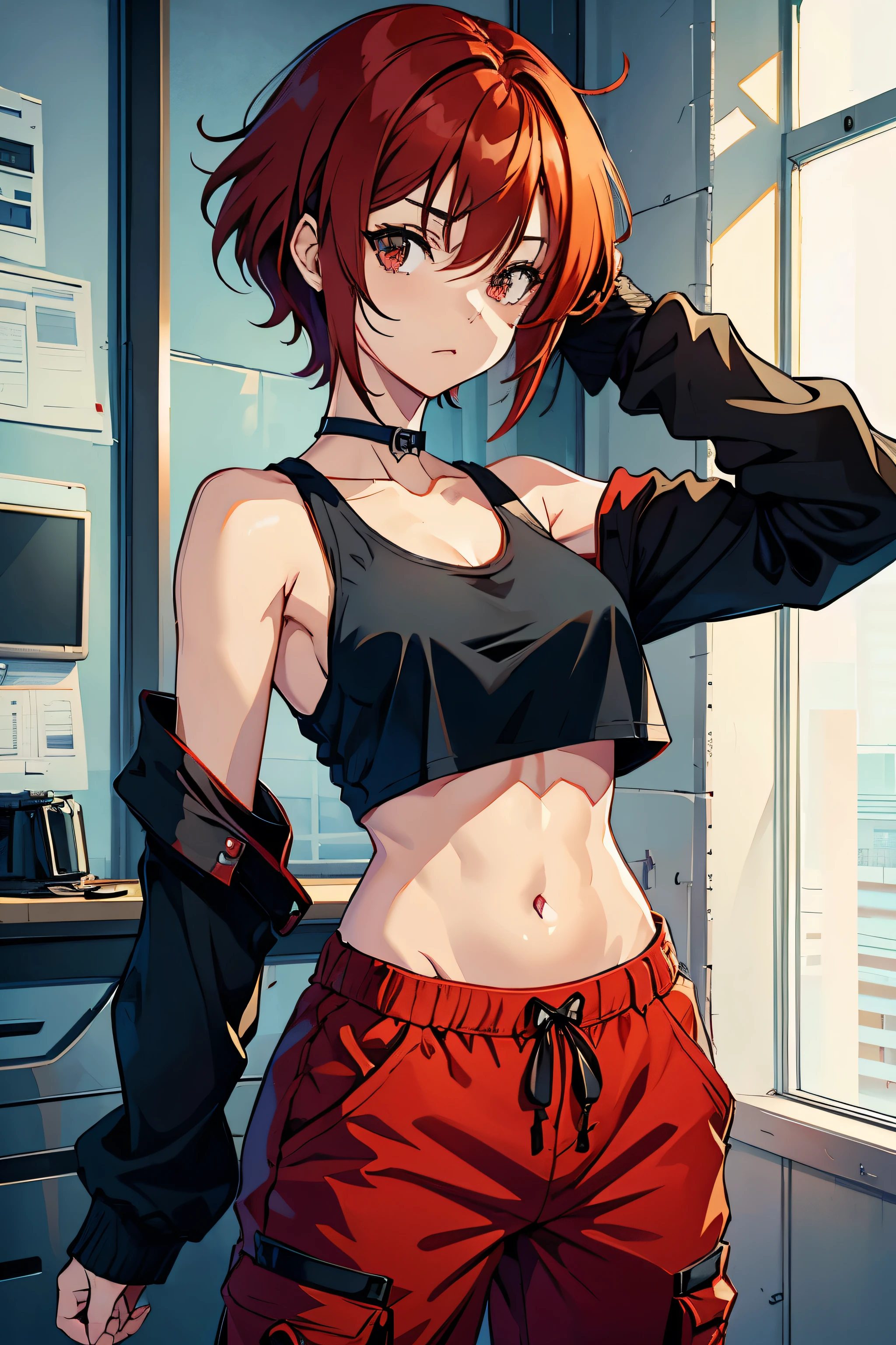 Girl, short red hair, beautiful red eyes, big breasts, tank top, exposed stomach, short skirt, 