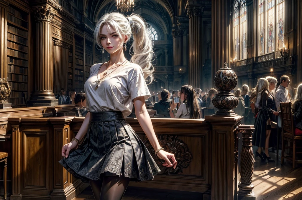 (masterpiece, best quality:1.2), cowboy shot, weissvale, smile, closed mouth, looking at viewer, long white hair, side ponytail, scar above eye, scar below eye, t-shirt, skirt, pantyhose, jewelry, necklace, earrings, standing in ornate library, crowd