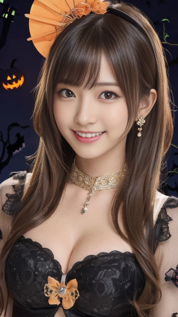 (upper body photo,a 26 year old japanese girl, detailed face, beautiful detailed eyes, beautiful charming smile, extremely detailed face, cute, anime style, halloween party:1.75), colorful lights, pumpkin decorations, haunted house, fog, spooky atmosphere, (best quality, 4k, highres, masterpiece:1.2), realistic, photorealistic, photo-realistic, vivid colors, intricate details, fantasy, soft lighting, magical