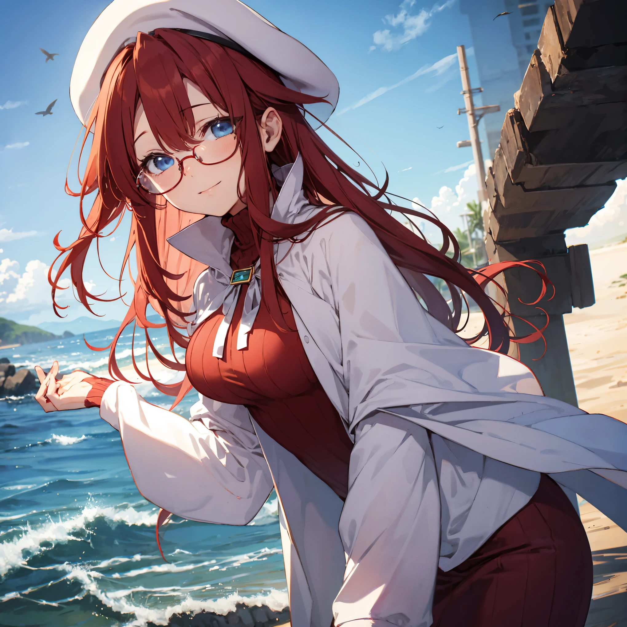 summonnightaty, aty, ),long hair, blue eyes, red hair, big_tits, hat, glasses, BREAK long hair,, hat, dress,glasses, cape, sweater, beret,ribbed sweater,,solo, BREAK outdoors, fantasy, BREAK (masterpiece:1.2), best quality, high resolution, unity 8k wallpaper, (illustration:0.8)), extremely detailed face, perfect lighting, extremely detailed CG, perfect anatomy),covered_nipples,(half_eyes:1.2),(sleepy_eyes:1.2),red_sweater,magical_effect,,Smile,solo,beach_sky_landscape,night_sky,solo,portrait,bust up,