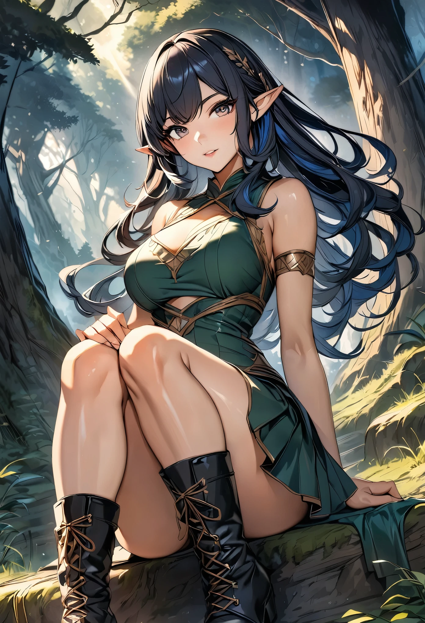 high quality, 4k, 8k, highres, HDR, UHD, masterpiece, ultra-detailed, a beautiful elf woman in a dark fantasy forest, sitting pose, legs toghether, creative angle, mature woman. short skirt, natural clothing, eld boots, extremely detailed face, medium long flowing hair, natural looking hair, rendered hair, dark blue hair, curious expression, sitting under a large tree, anime style, highly detailed, 8k, fantasy art, magical atmosphere, mossy ground, dark setting, demonic forest, dark eyes, rendered eyes, special eyes, pointed ears, detailed dress, intricate details, fantasy landscape, simple background