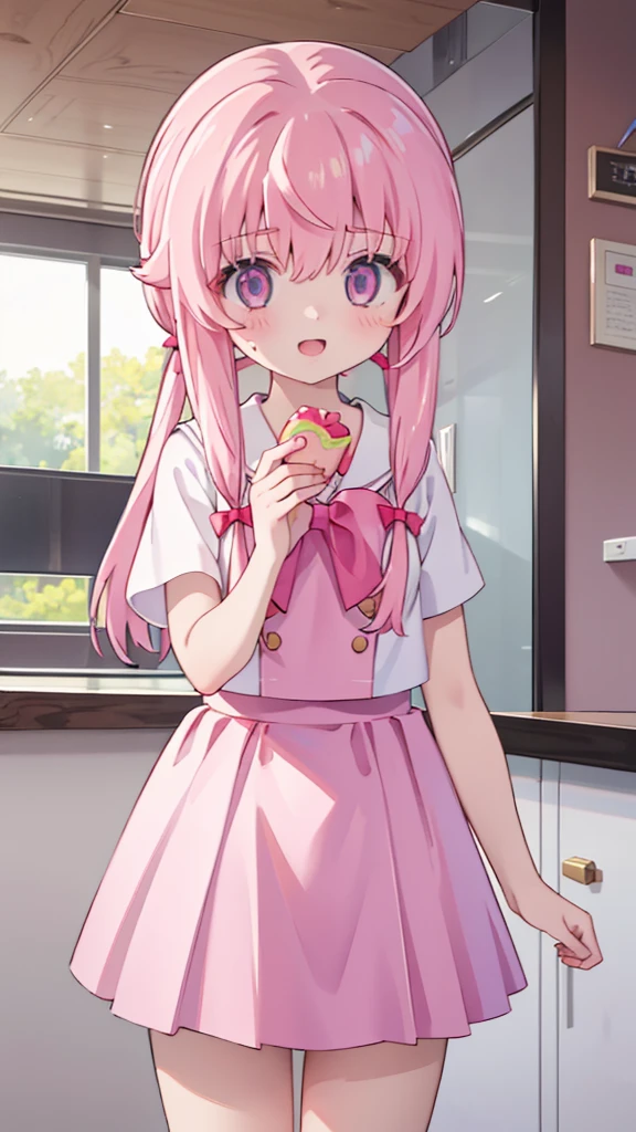 1girl,pink hair, pink eyes with love, detailed eyes, straight hair, straight bangs, shiny hair,
,red bowtie,purple skirt,purple shirt,pleated skirt,short sleeves,looking at the plate with donut she is holding, holding a plate wih donut, smile, laughter , open mouth, kitchen background, high-definition,masterpiece, masterpiece, best quality, high resolution, aabeta, double, standing, slim waist, cute, sailor uniform (PastelColors: 1.3)