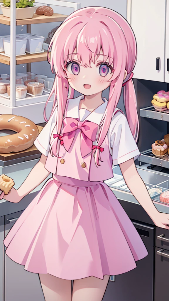 1girl,pink hair, pink eyes with love, detailed eyes, straight hair, straight bangs, shiny hair,
,red bowtie,purple skirt,purple shirt,pleated skirt,short sleeves,looking at the plate with donut she is holding, holding a plate wih donut, smile, laughter , open mouth, kitchen background, high-definition,masterpiece, masterpiece, best quality, high resolution, aabeta, double, standing, slim waist, cute, sailor uniform (PastelColors: 1.3)