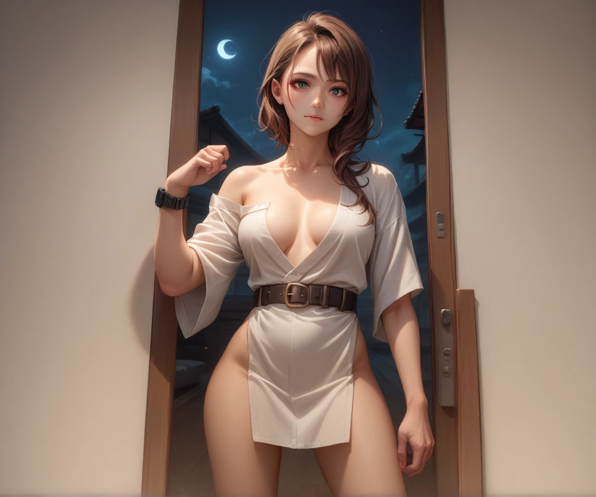 Japanese beauty naked,Alone,belt,Watch on wrist,Strong hiccups、Bewitching pose、Standing in front of a white wall,Right to chest,Left hand to mouth;Standing knee-high shot,night,Indoor Japanese-style room,Ultra high definition,16K