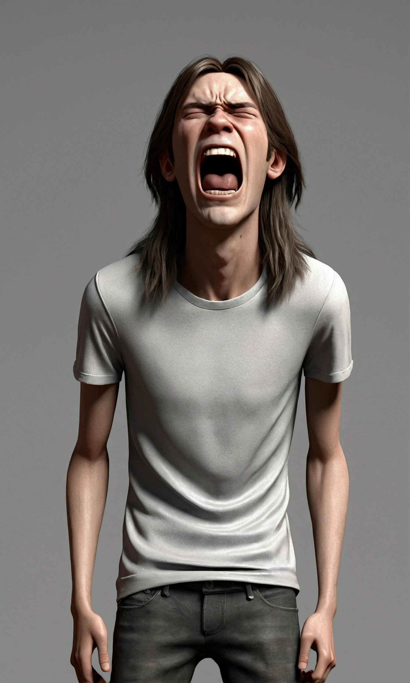 Sad skinny boy , freinds laughing on him High Resolution, Long Hair, Long Hair, Tears, Angry, 3D Rendering,