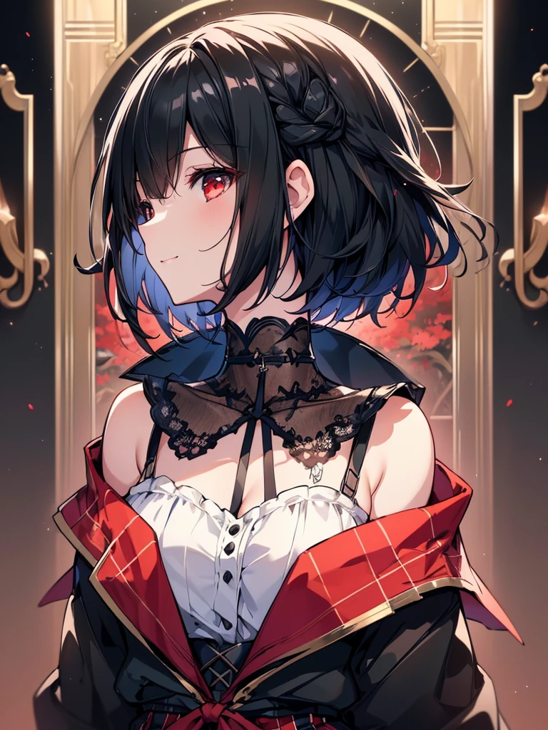 (masterpiece, highest quality, highest quality, (No text), Beautiful and aesthetic:1.2),No text,アニメ、BREAK,One Girl，Black Hair Girl　short hair　older sister　choker　Beautiful eyes　Red eyes　cool　smile　Red and Black　Black jacket　profile　mini skirt　whole body　In town