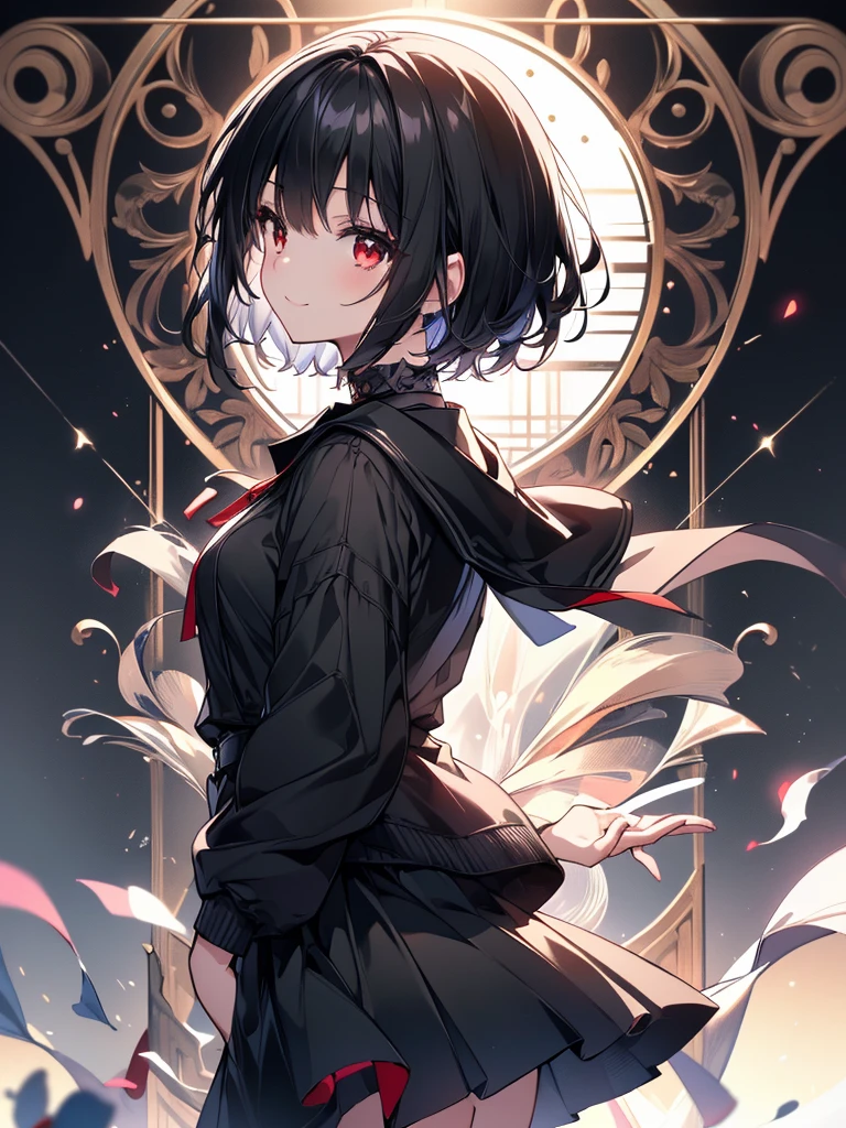 (masterpiece, highest quality, highest quality, (No text), Beautiful and aesthetic:1.2),No text,アニメ、BREAK,One Girl,Black Hair Girl short hair older sister choker Beautiful eyes Red eyes cool smile Red and Black Black jacket profile mini skirt whole body In town