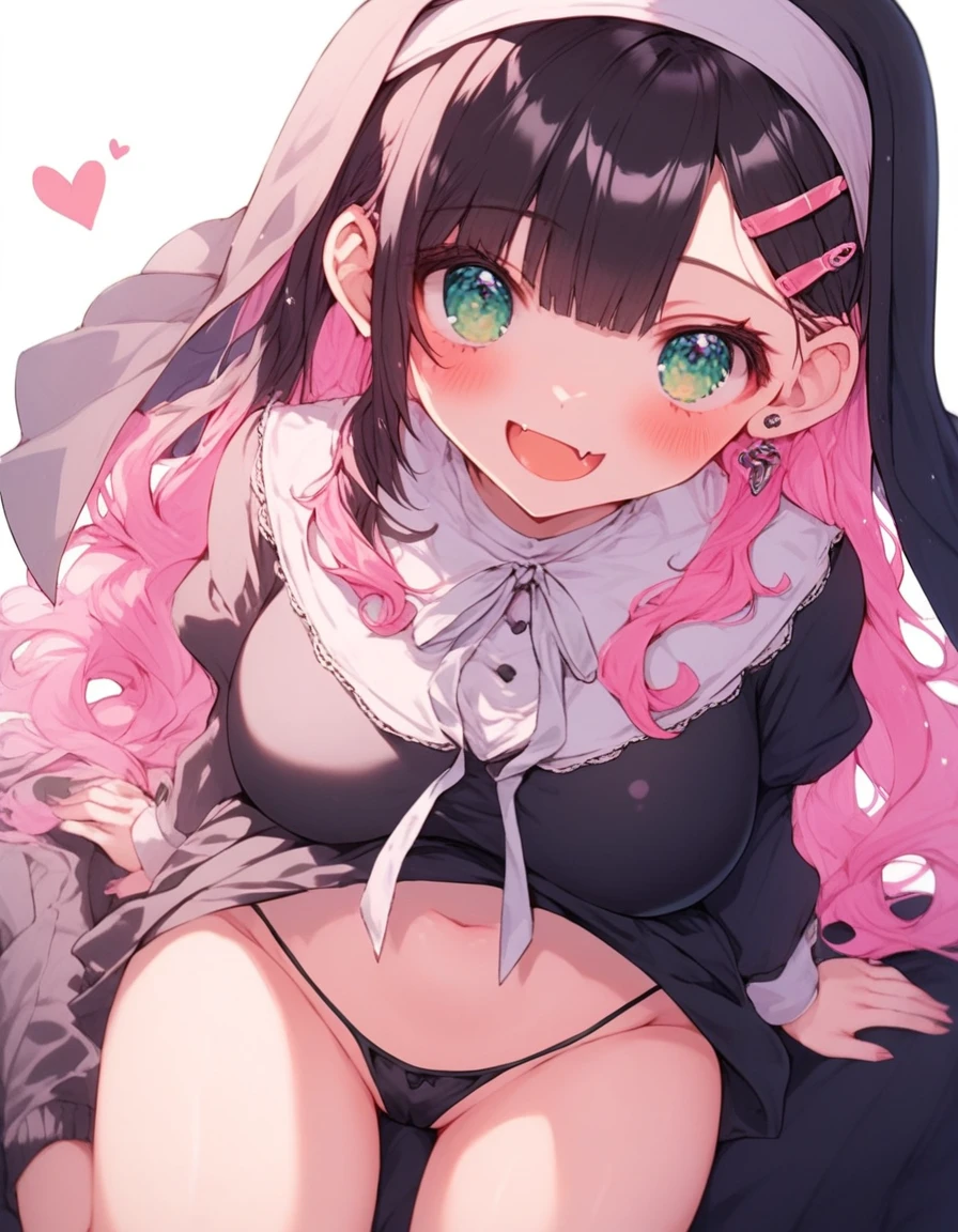 score_9, score_8_superior, score_7_superior, score_6_superior,an an anime style picture of a girl with colorful hair holding two hearts, 1girl, blush, multicolored hair, green eyes, large breasts, (black hair), (Pink hair), long hair, fang, kawaii, kawaii girl, shadows, soft lighting, hairclips, accessories, hair ornaments, church background , nun outfit, sexual, lewd, ((nsfw)), ((sitting on a guys lap:1.4)), ((holding the dress up showing thong:1.4)), full body view:1.2,