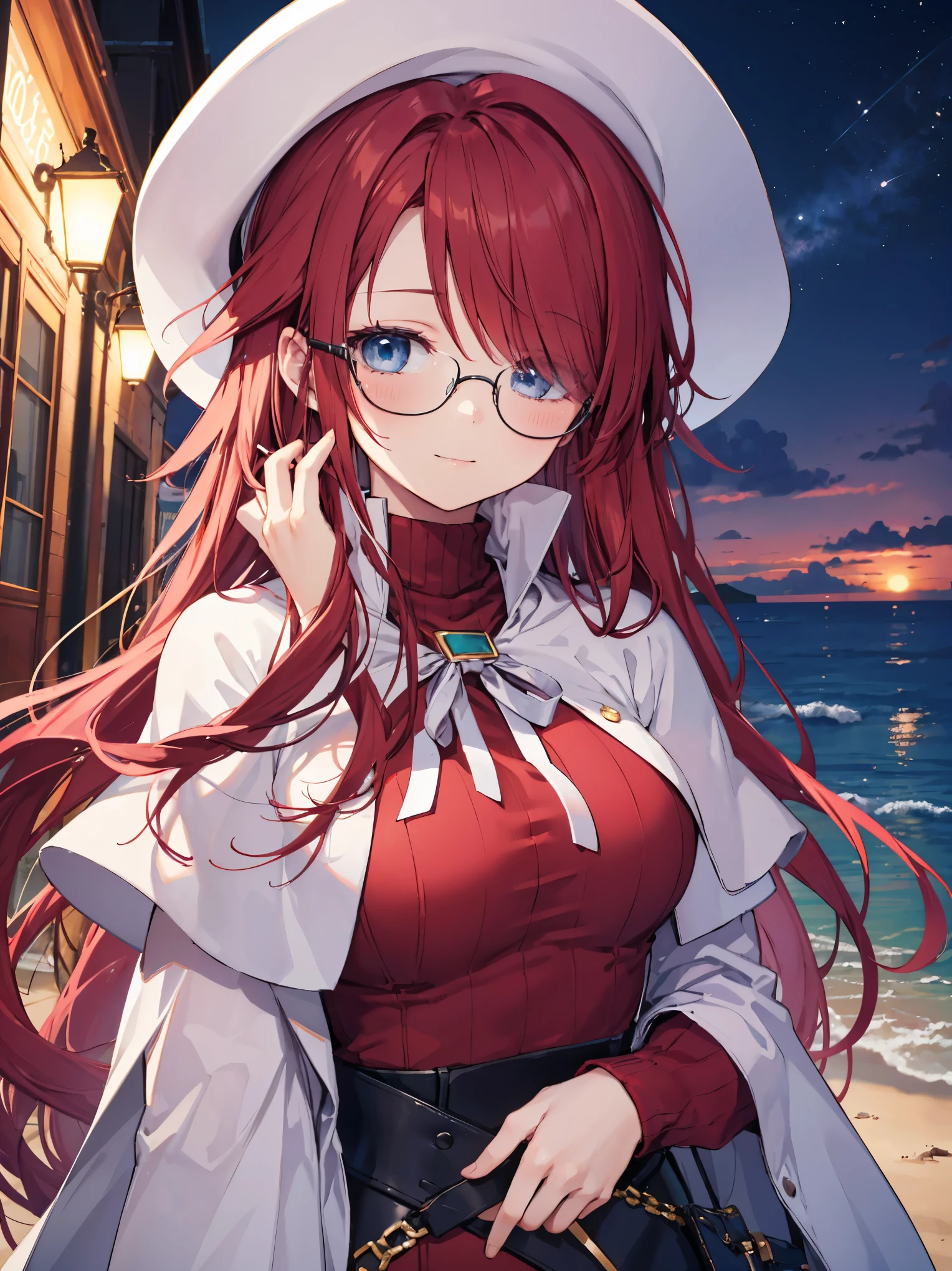 summonnightaty, aty, ),long hair, blue eyes, red hair, big_tits, hat, glasses, BREAK long hair,, hat, dress,glasses, cape, sweater, beret,ribbed sweater,,solo, BREAK outdoors, fantasy, BREAK (masterpiece:1.2), best quality, high resolution, unity 8k wallpaper, (illustration:0.8)), extremely detailed face, perfect lighting, extremely detailed CG, perfect anatomy),covered_nipples,(half_eyes:1.2),(sleepy_eyes:1.2),red_sweater,magical_effect,,Smile,solo,beach_sky_landscape,night_sky,solo,portrait,bust up,