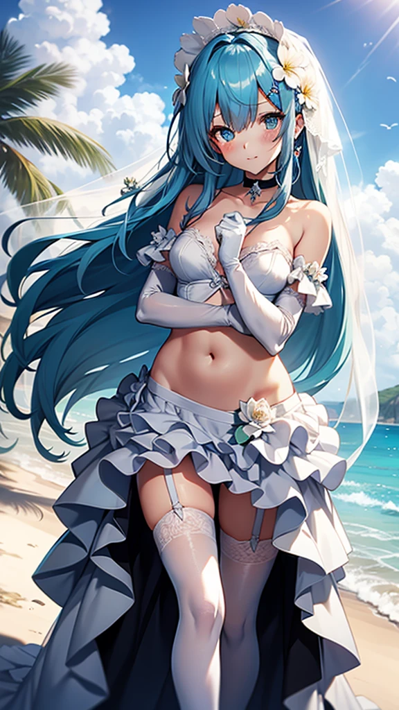 1girl, bare shoulders, beach, blue eyes, blue hair, blue sky, blush, bridal veil, choker, closed mouth, cloud, collarbone, crossdressing, day, elbow gloves, flower, garter straps, gloves, hair flower, hair ornament, long hair, looking at viewer, male focus, navel, ocean, otoko no ko, outdoors, skirt, sky, solo, standing, thighhighs, veil, very long hair, water, wedding dress, white choker, white flower, white gloves, white thighhighs