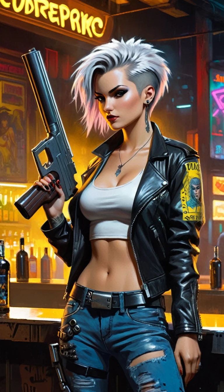 Cyberpunk 2020, Cyberpunk, young Rogue Amendiares from Cyberpunk, Perfect Face, Perfect body, leather jacket, white tank top , jeans, punks hairstyle, silver hair color,  dark makeup, tattoos, hold big gun in hand, stands back and looks over her shoulder at the viewerthe legend ,Afterlife bar Interior, INK, Splash Art, Sharp Focus, Smoke, Sparks, Painting Concept ART of Detailed Character, 4K, comic style