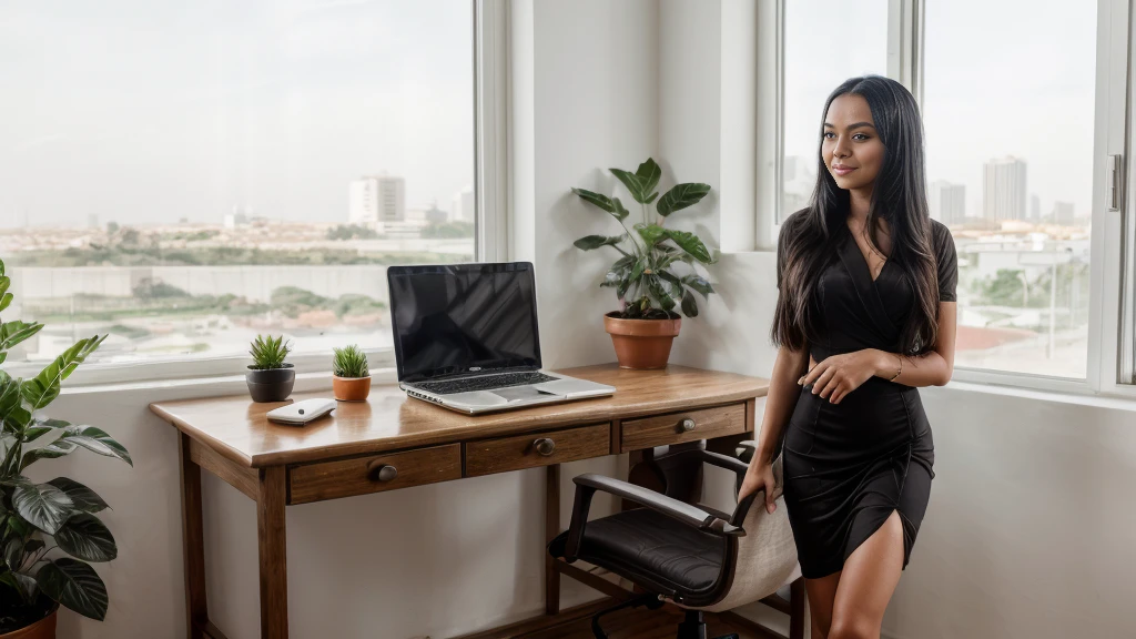 An 18-year-old (Indonesian:0.5)-(Spanish:1.5) girl, (Long flowing straight Black Hair:1.5), full makeup, long legs, (slim tall slender fit-muscled body:1.4), defined abs, business-style (red dress:1.3), cinematic shot in 8k HDR, emphasizing elegance and professionalism, working confidently in her office, a modern office, red walls, office desk, office chair, laptop, computer, monitor, potted plant, minimalist, clean, simple, sunlight, window, warm lighting, professional