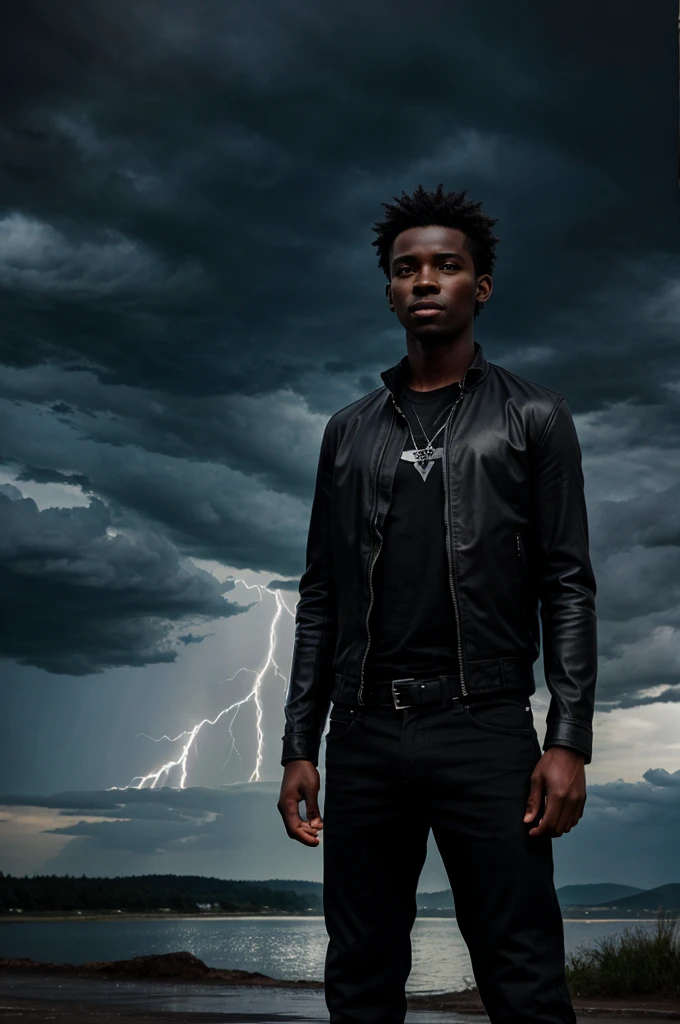 A dark boy standing in a thunder background 