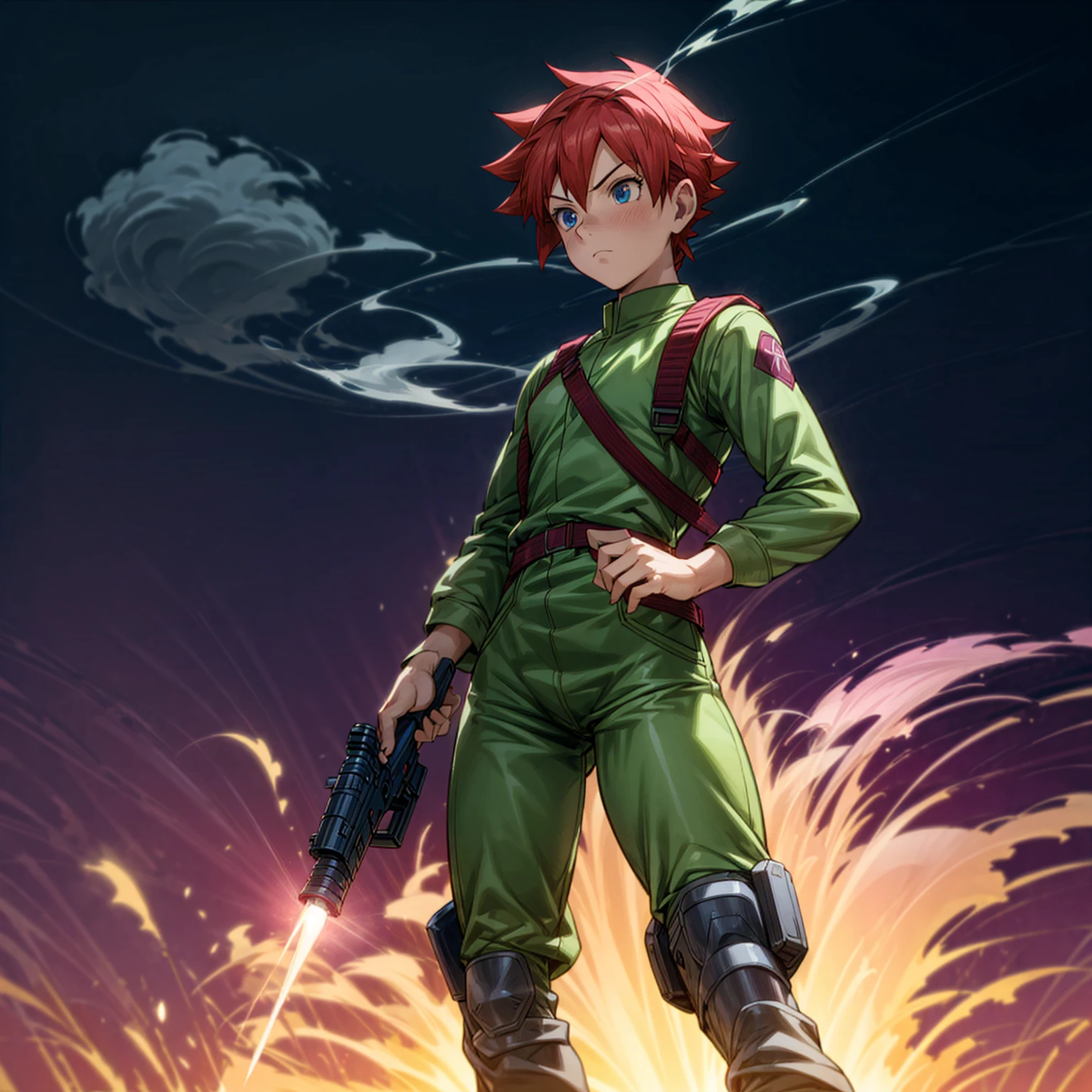 1boy, muscle, Full body version, 1character, blue eyes, short haircut, magenta color hair, Farmer style outfit, Boots, Grassroots, full background in field, motion blur, lighting, (Hunter x Hunter style art), big shotgun in hand, big weapon in hand, robot Shield in hand, smoke effect, fire effect, lighting on gun, plasma effect,