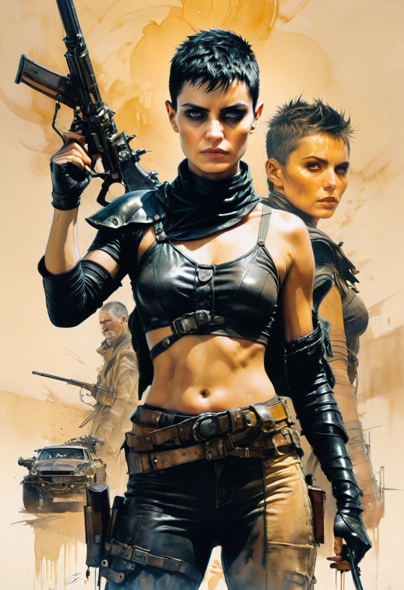 Imperator Furiosa in the "Mad Max" poster, woman clothing, by Dustin Nguyen, best quality, masterpiece, very aesthetic, perfect composition, intricate details, ultra-detailed