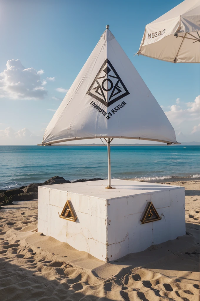 3D logo of the pinisi ship located on the beach by the sea, below it is the white neon writing 'karanganyar'. inspired by Marek Okon, caesar, 3 d logo, assam aesthetic, located in hajibektash complex, tesseract, futuristic decor, malaysia, profile image 1024px, nagasaki, nisachar art, masonic, render cycle