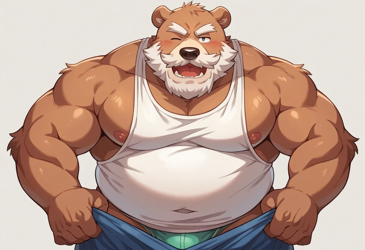 Chubby, furry,male , anthro bear, very plump, middle aged , mouth covered mustache,Thick beard, seductive , detailed , half body , tight tank top, extremely hot and sexy, eye closed, by hyaku , wear a underwear pull down a bit with dick, by darkgem, by glitter trap boy