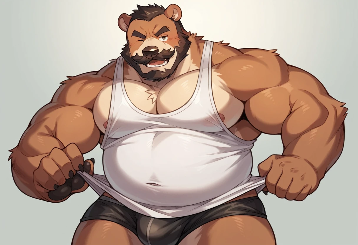 Chubby, furry,male , anthro bear, very plump, middle aged  , mouth covered mustache,Thick beard, seductive  , detailed , half body , tight tank top, extremely hot and sexy, eye closed, by hyaku , wear a underwear pull down a bit with dick, by darkgem, by glitter trap boy