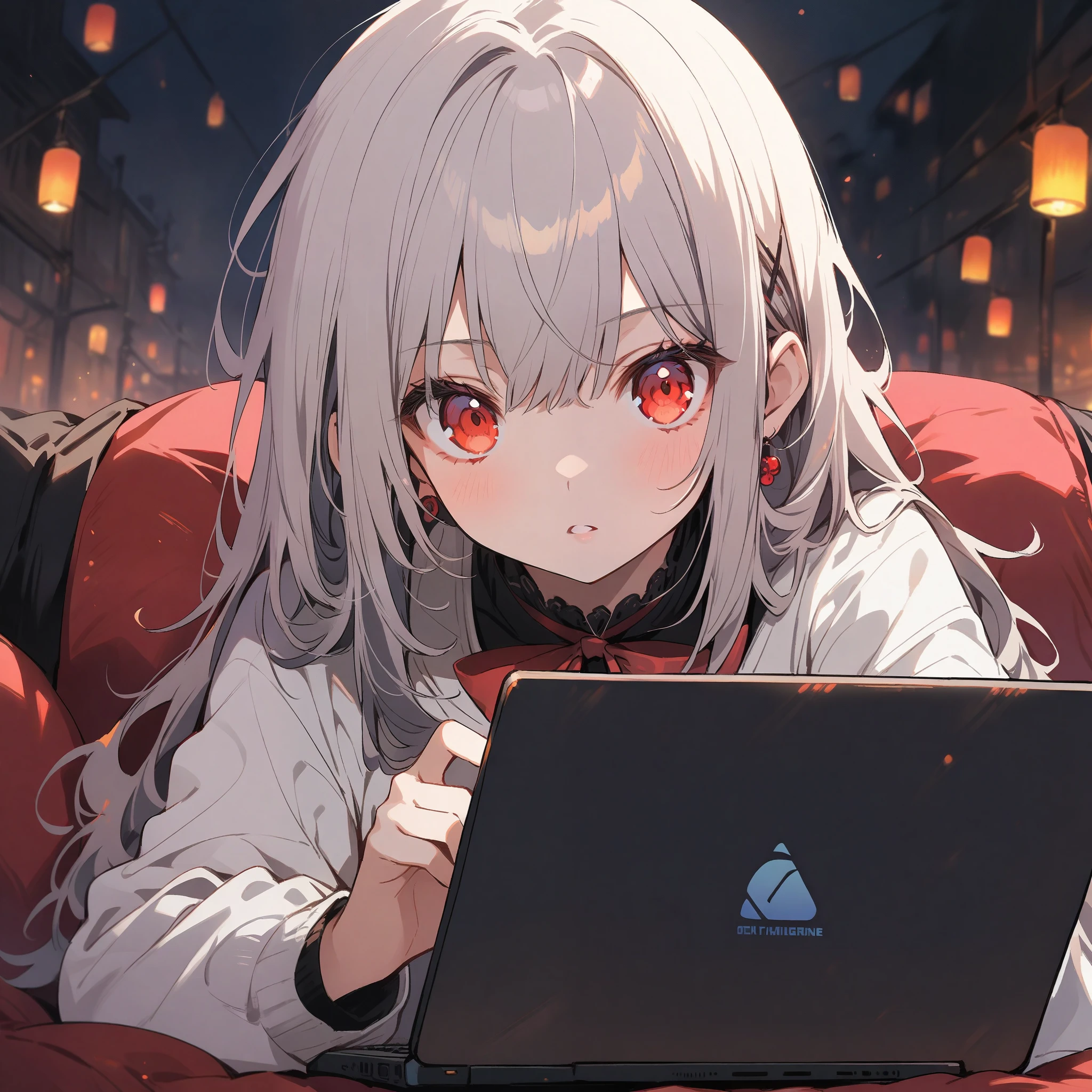 a girl with grey hair and red eyes,playing video games on a laptop,