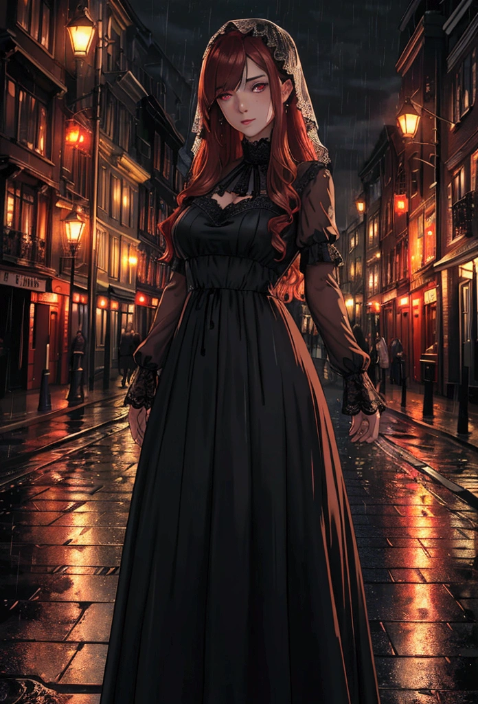 ((Best quality, 8k, lace maxi dress, standing in the rain, red light district, highly detailed face and skin texture, detailed eyes, double eyelids.)