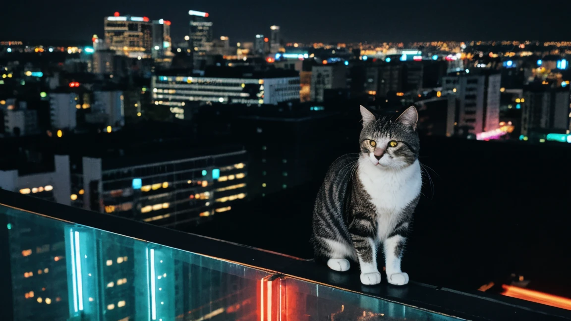 landscape, no one, city, skyscrapers, roof of a tall building, a cat stands on the parapet looking down, night, neon lights, illustration, cinematic lighting, close-up, from above, UHD, best quality, 4K