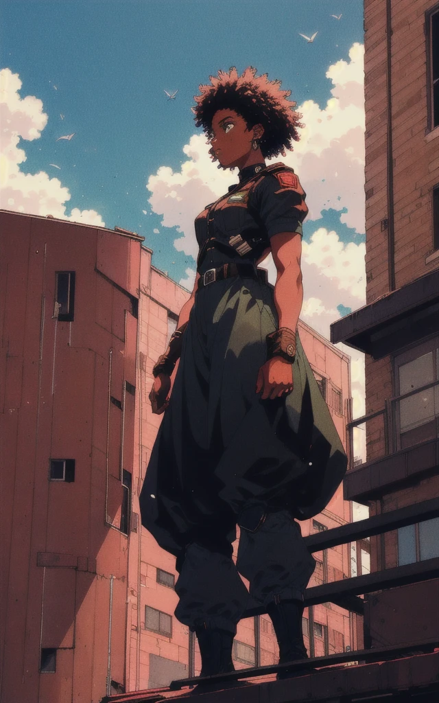 Black men women in a army standing on a building 

Looking into the sky 