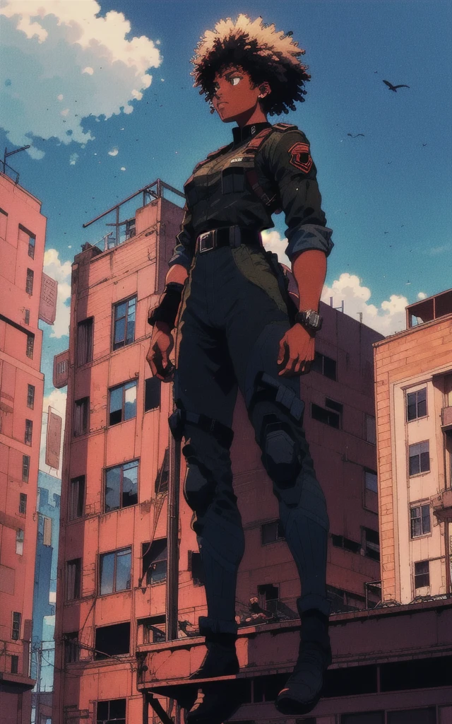 Black men women in a army standing on a building
Looking into the sky