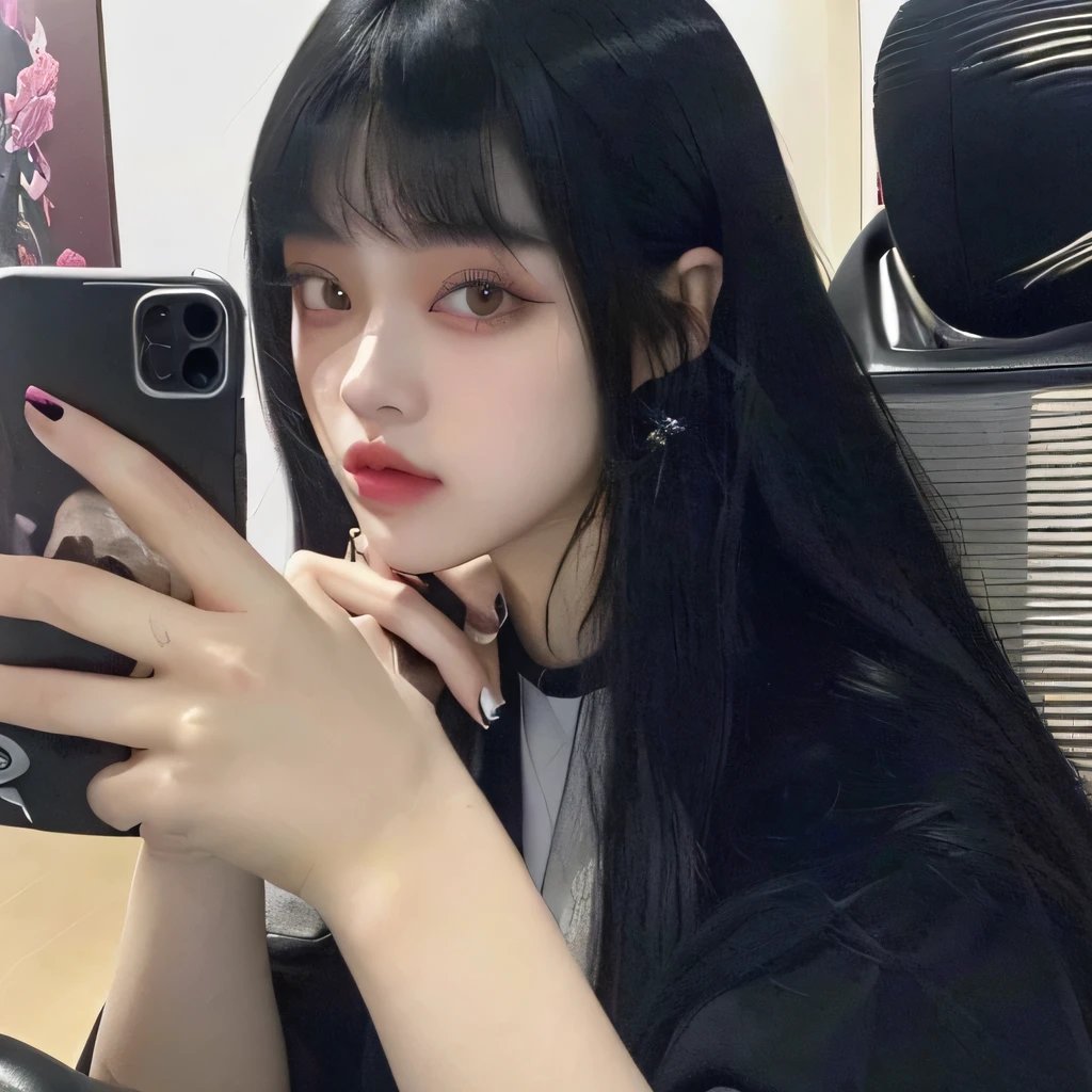 there is a woman taking a selfie with her cell phone, she has black hair with bangs, the hime cut, without makeup, jossi of blackpink, cruel korean goth girl, ulzzang, billie eilish, e - girl, e-girl, shikamimi, 1 7 -  - old h girl, 🤤 girl portrait, very very low quality picture