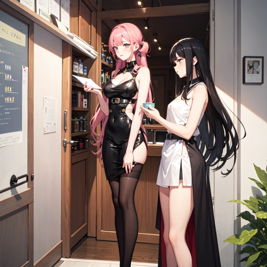 Cute anime girl with a knife in her hand looking in the mirror