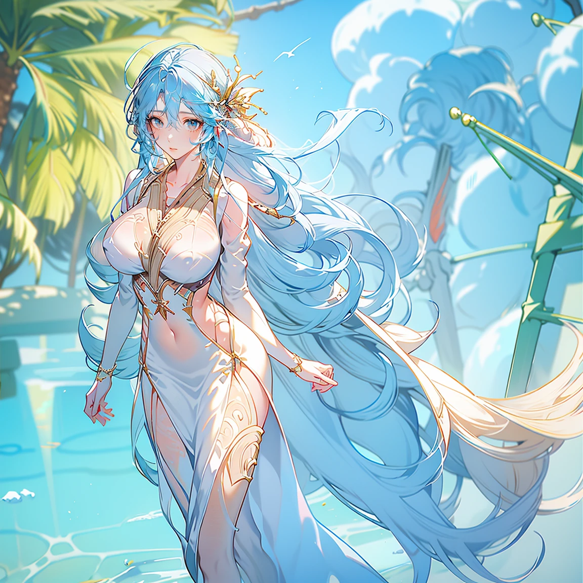 White long hair，Eye color random，Sexy transparent colonial dress, Perfect body, Chest Clearance, Well-defined collarbone, Surreal, lifelike, detailed, Perky transparent nipples, Wet clothes(whole body:1.1),cross，Saint，best quality，Large Breasts，Big Ass。