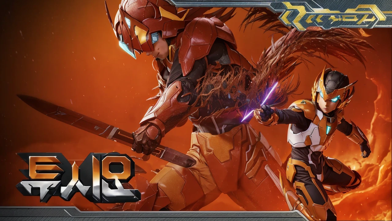 megzeromyth2023,1boy, short brown hair, yellow armor, orange energy sword, 8k, uhd, best quality, masterpiece, intricate,4k,8HD,dino armor,power ranger style,young boy,no helmet,not helmet