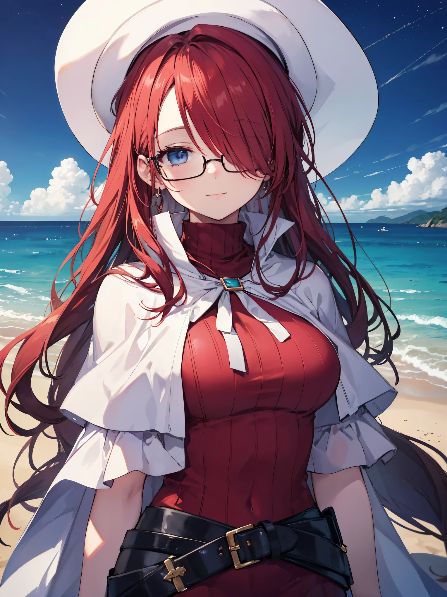 summonnightaty, aty, ),long hair, blue eyes, red hair, big_tits, hat, glasses, BREAK long hair,, hat, dress,glasses, cape, sweater, beret,ribbed sweater,,solo, BREAK outdoors, fantasy, BREAK (masterpiece:1.2), best quality, high resolution, unity 8k wallpaper, (illustration:0.8)), extremely detailed face, perfect lighting, extremely detailed CG, perfect anatomy),covered_nipples,(half_eyes:1.5),(sleepy_eyes:1.2),red_sweater,magical_effect,,Smile,solo,beach_sky_landscape,night_sky,solo,portrait,bust up,