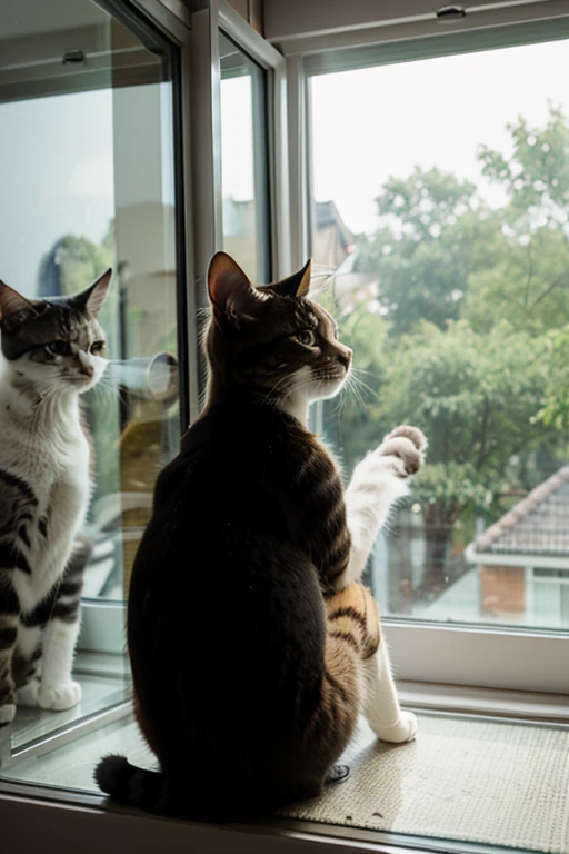draw a cat, sitting by the window looking out the window 