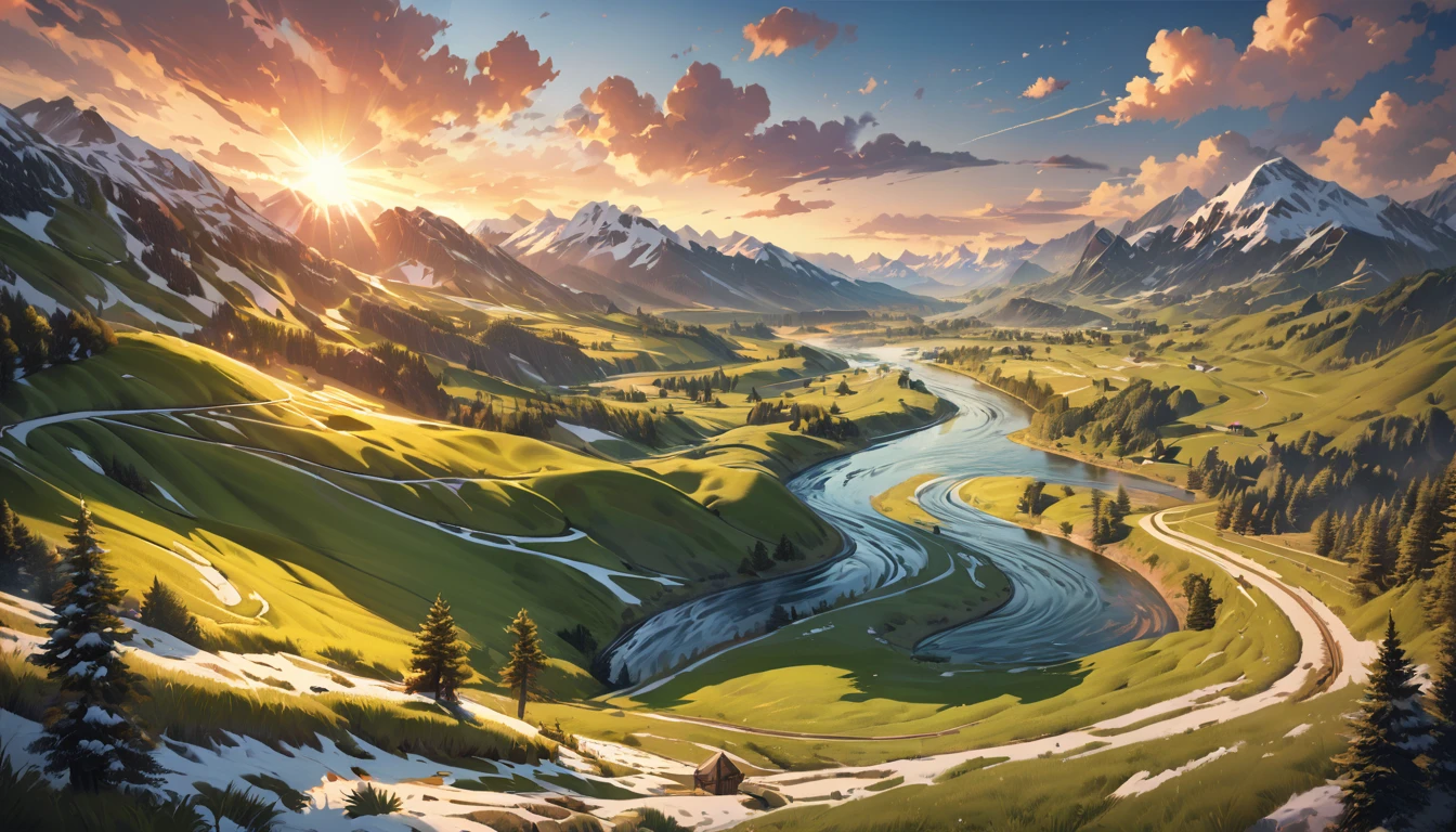 landscape, view, amazing, beautiful detailed scenery, idyllic countryside, lush green meadows, rolling hills, winding river, snow-capped mountains, golden sunset, dramatic clouds, high quality, hyper detailed, photorealistic, intricate details, vivid colors, cinematic lighting, epic, breathtaking, masterpiece