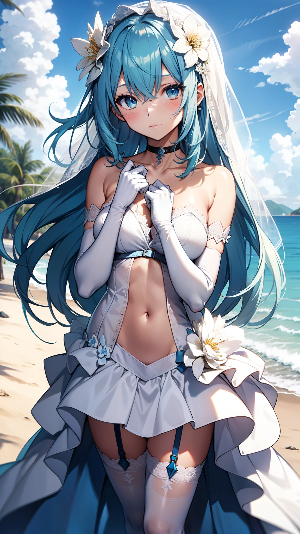 light blue Long Hair Lori beautiful girl slender Embarrassing blush one person sexy chest Dancer Belly button Thighs bikini Face Veil