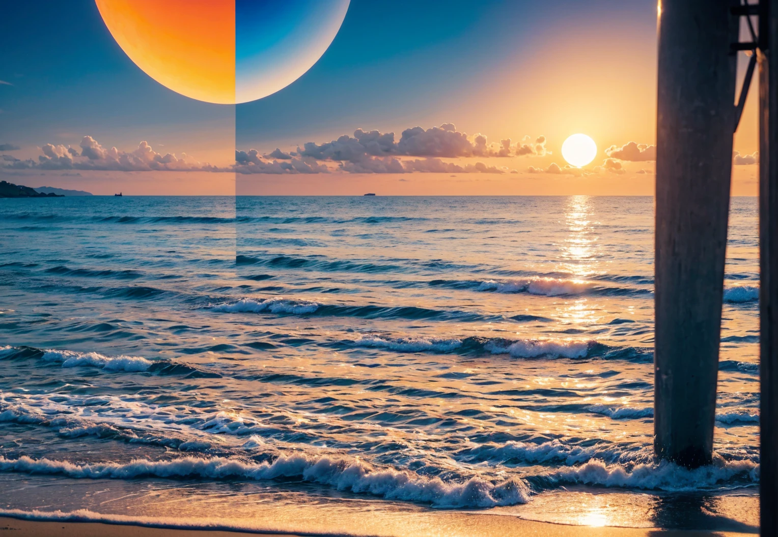Transition at the beach Express the cycle of day and night at the beach by using contrasting colors. Sunset images use warm colors to convey the energy and activity of the evening. While the moonrise uses cool colors to convey the tranquility and reflection of the night through these works. Viewers will completely experience the beauty and nuances of natural transformation. Drawn in cool colors 80%and warm colors 20% Make geometric shapes, cartoon pictures