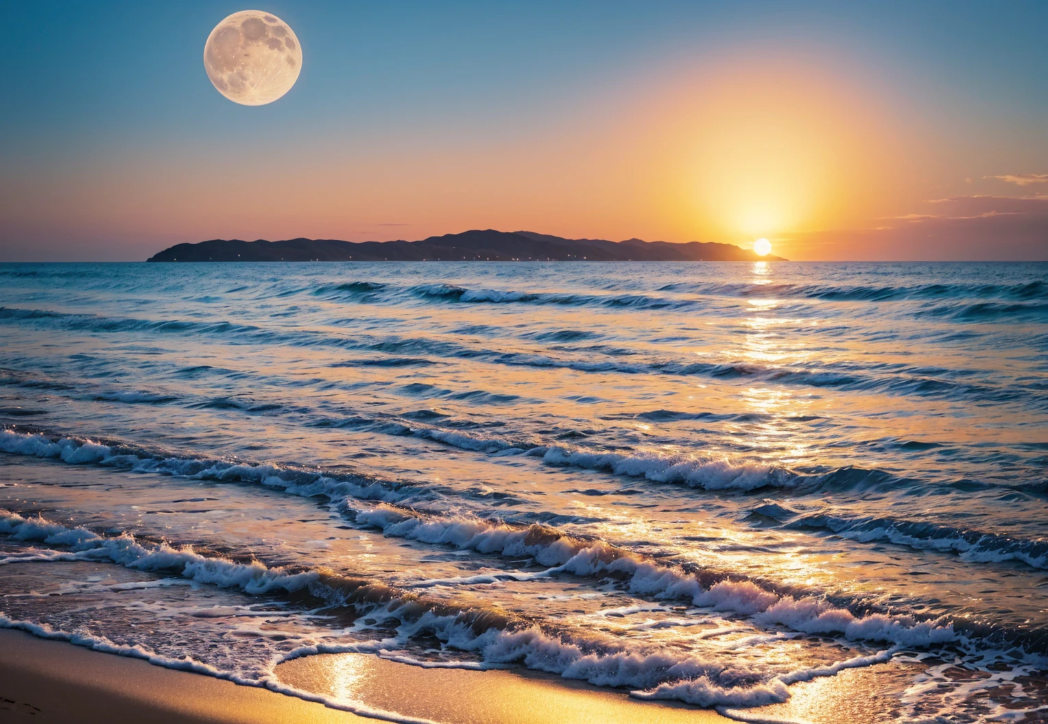 Transition at the beach Express the cycle of day and night at the beach by using contrasting colors. Sunset images use warm colors to convey the energy and activity of the evening. While the moonrise uses cool colors to convey the tranquility and reflection of the night through these works. Viewers will completely experience the beauty and nuances of natural transformation. Drawn in cool colors 80%and warm colors 20% Make geometric shapes, cartoon pictures