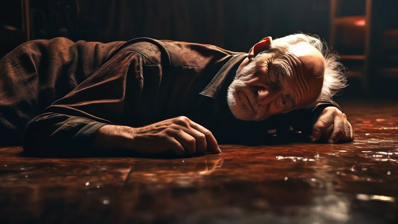 an old man laying on the floor, his head is cracked, oil painting, reddish tones, chiaroscuro lighting, dramatic moody atmosphere, cinematic composition, masterpiece, ultra-detailed, photorealistic, 8k, best quality
