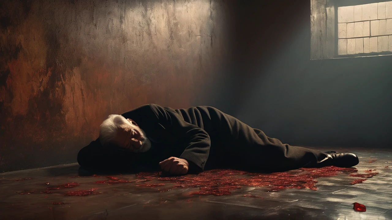 an old man laying on the floor, his head is cracked, oil painting, reddish tones, chiaroscuro lighting, dramatic moody atmosphere, cinematic composition, masterpiece, ultra-detailed, photorealistic, 8k, best quality
