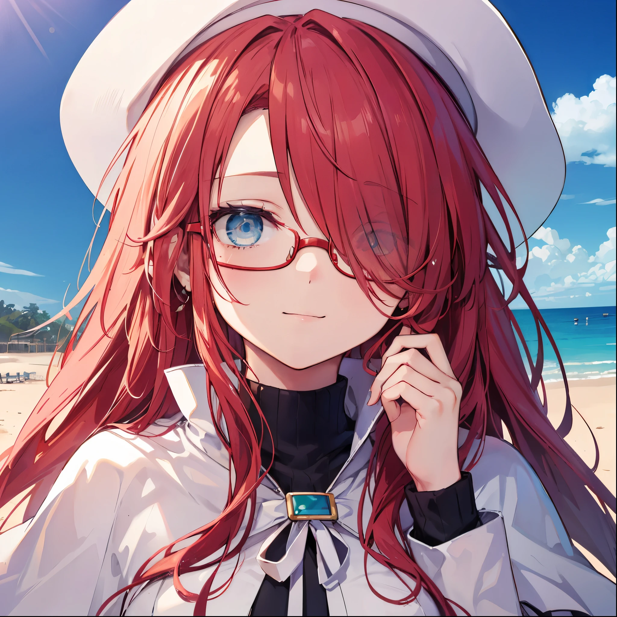 summonnightaty, aty, ),long hair, blue eyes, red hair, big_tits, hat, glasses, BREAK long hair,, hat, dress,glasses, cape, sweater, beret,ribbed sweater,,solo, BREAK outdoors, fantasy, BREAK (masterpiece:1.2), best quality, high resolution, unity 8k wallpaper, (illustration:0.8), (beautiful detailed eyes:1.6), extremely detailed face, perfect lighting, extremely detailed CG, perfect anatomy),covered_nipples,(half_eyes:1.5),(sleepy_eyes:1.2),red_sweater,magical_effect,,Smile,solo,beach_sky_landscape,night_sky,solo,portrait,bust up,