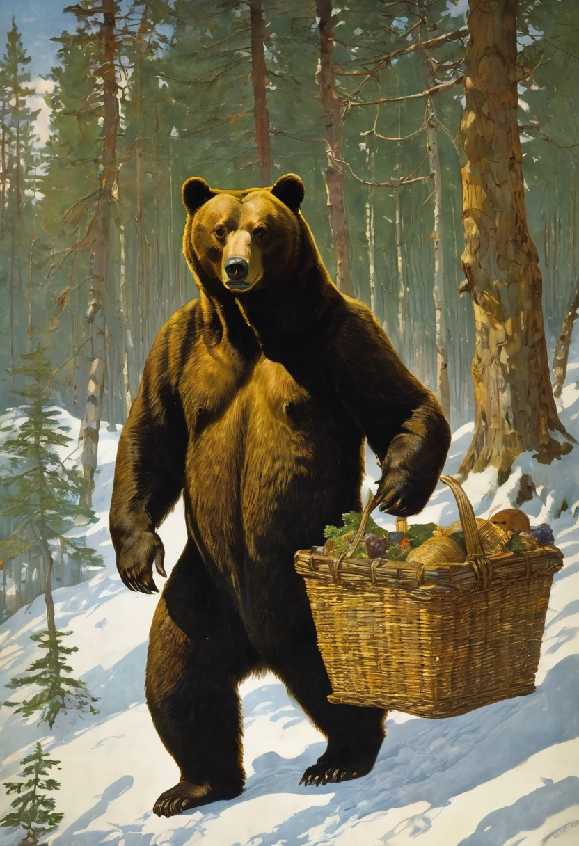 The bear carries a large square basket on his back, a Masha looks out of the basket, fairy tale Masha and the Bear, Viktor Vasnetsov, Apollinariy Vasnetsov, Vasnetsov, Mikhail Nesterov, Ivan Bilibin, Russian folk tale, Alexander Ivanov, Ilya Glazunov, based on Viktor Vasnetsov, Wilhelm Bissen, Julius Klinger.